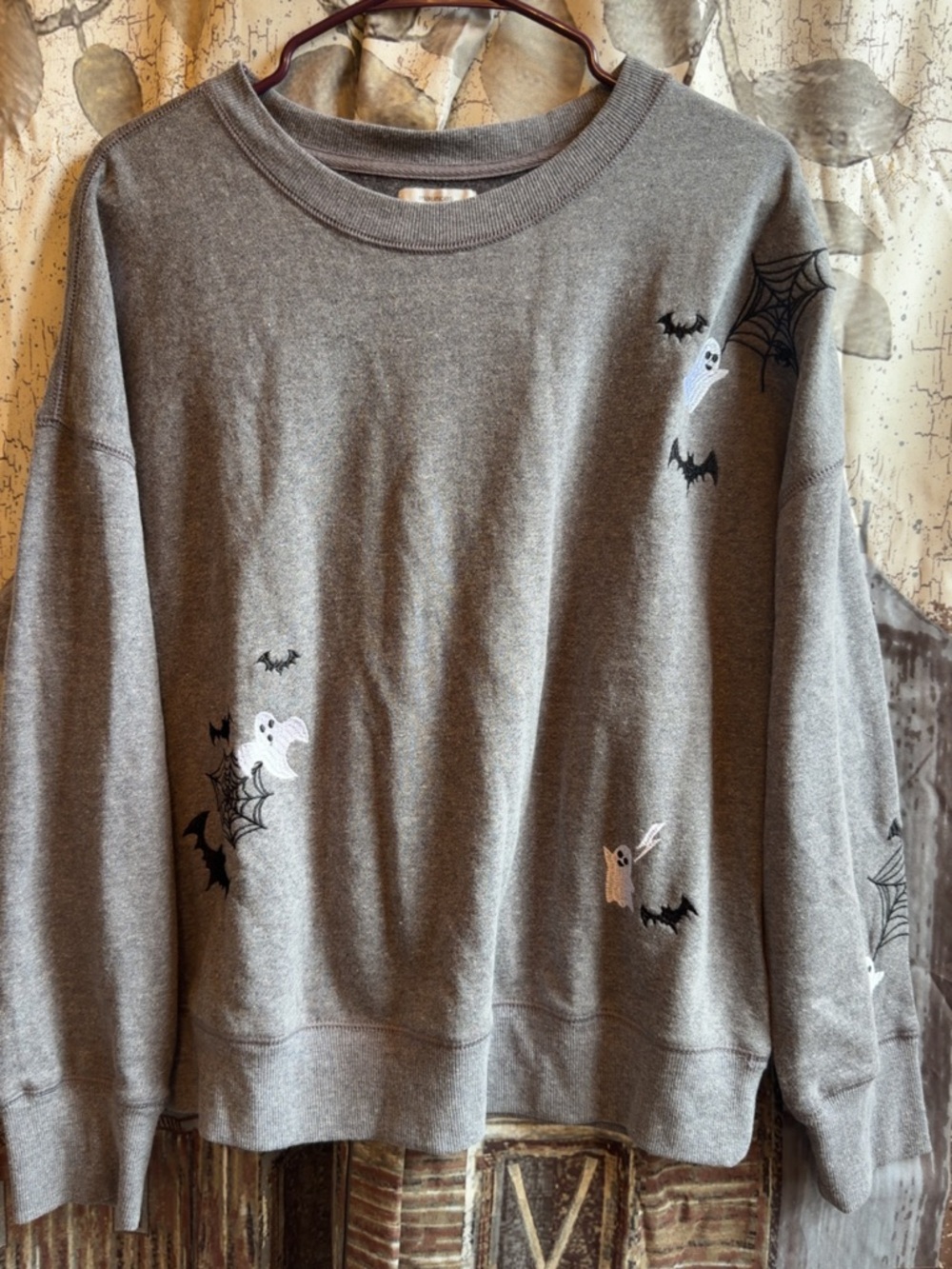 Gray Halloween Sweatshirt with Ghost & Bat Embroidery